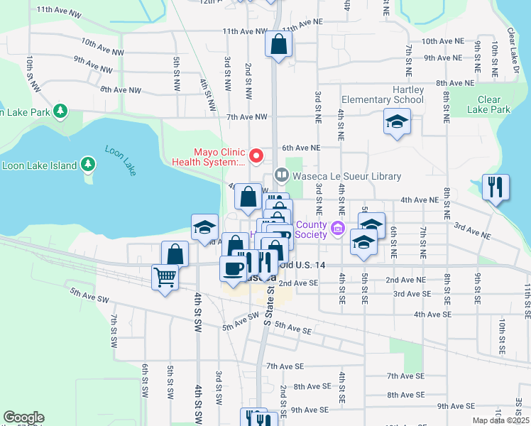 map of restaurants, bars, coffee shops, grocery stores, and more near 307 North State Street in Waseca