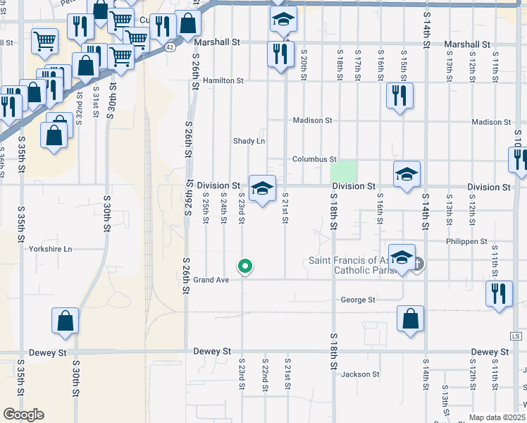 map of restaurants, bars, coffee shops, grocery stores, and more near 2101 Division Street in Manitowoc