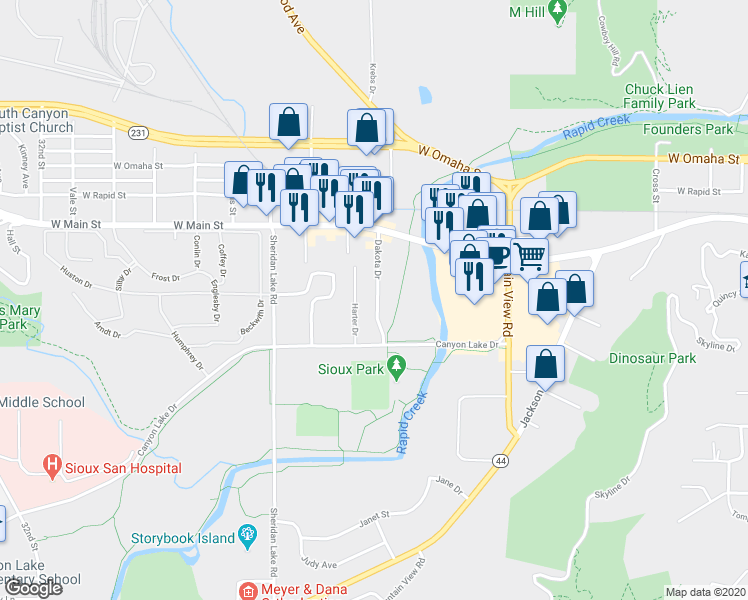 map of restaurants, bars, coffee shops, grocery stores, and more near 705 Dakota Drive in Rapid City