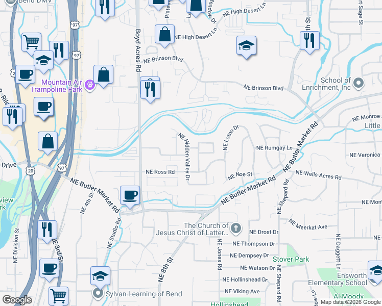 map of restaurants, bars, coffee shops, grocery stores, and more near 874 Northeast Hidden Valley Drive in Bend
