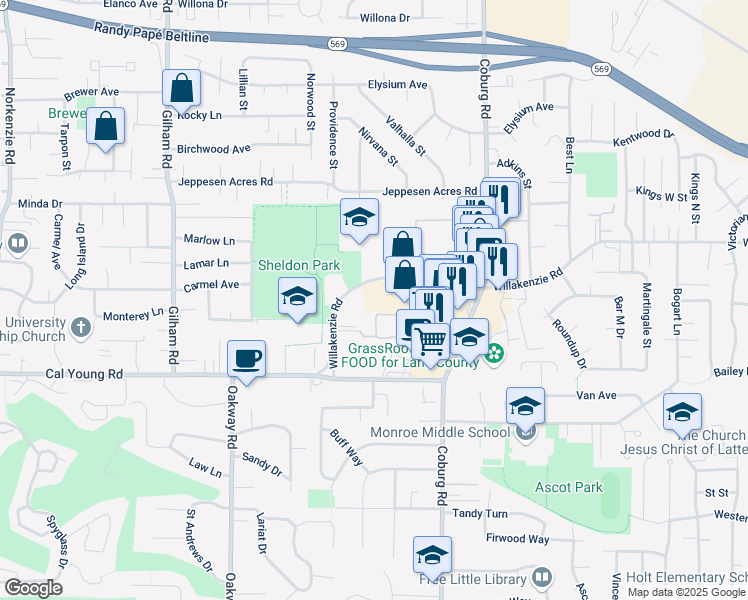 map of restaurants, bars, coffee shops, grocery stores, and more near 2508 Willakenzie Road in Eugene
