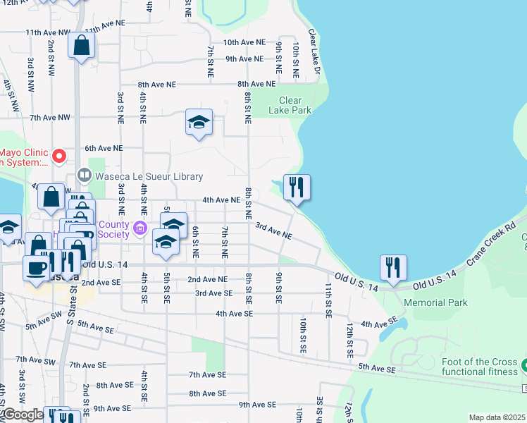 map of restaurants, bars, coffee shops, grocery stores, and more near 717 4th Avenue Northeast in Waseca