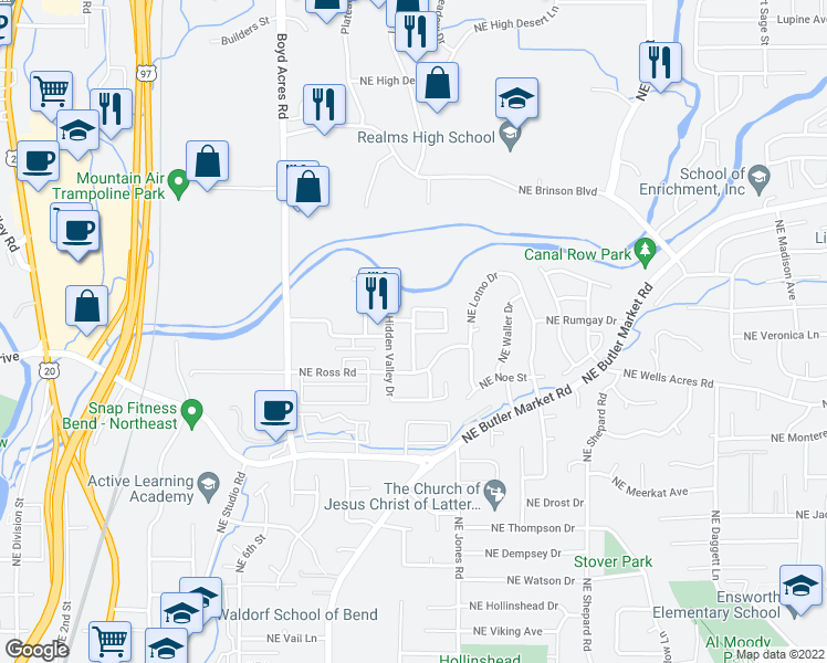 map of restaurants, bars, coffee shops, grocery stores, and more near Northeast Canoe Court in Bend