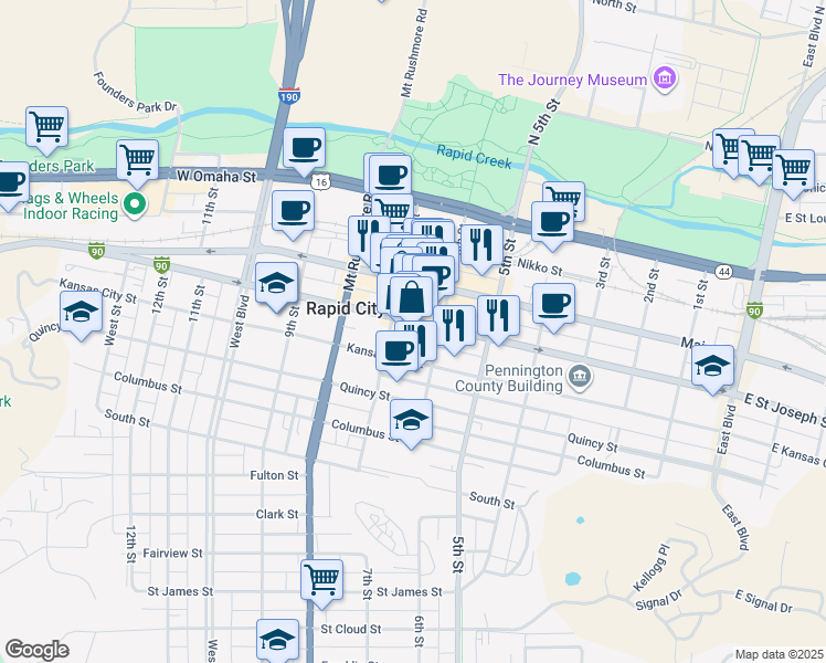 map of restaurants, bars, coffee shops, grocery stores, and more near 627 Main Street in Rapid City