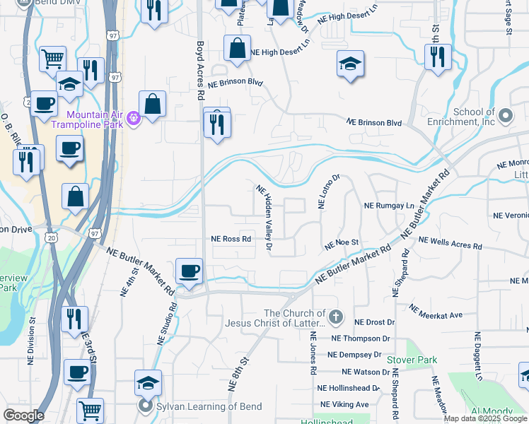 map of restaurants, bars, coffee shops, grocery stores, and more near 839 Northeast Hidden Valley Drive in Bend
