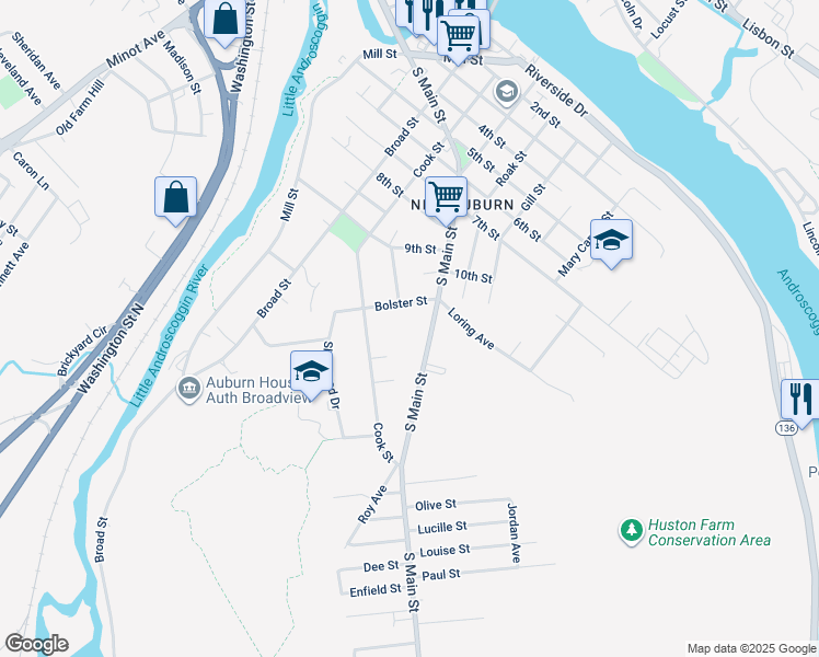 map of restaurants, bars, coffee shops, grocery stores, and more near 25 Bolster Street in Auburn