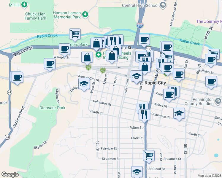map of restaurants, bars, coffee shops, grocery stores, and more near 1111 Kansas City Street in Rapid City