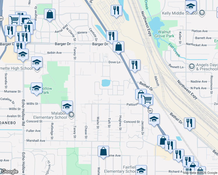 map of restaurants, bars, coffee shops, grocery stores, and more near 1800 Lakewood Court in Eugene
