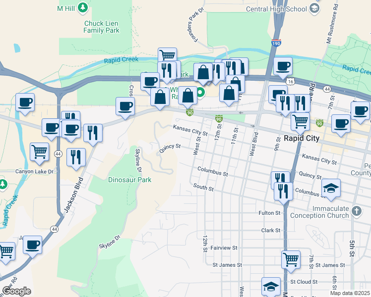 map of restaurants, bars, coffee shops, grocery stores, and more near 1315 Quincy Street in Rapid City