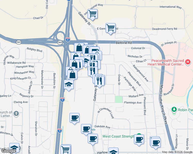 map of restaurants, bars, coffee shops, grocery stores, and more near Gateway Street in Springfield