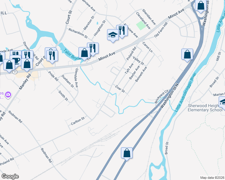 map of restaurants, bars, coffee shops, grocery stores, and more near 153 Poland Road in Auburn