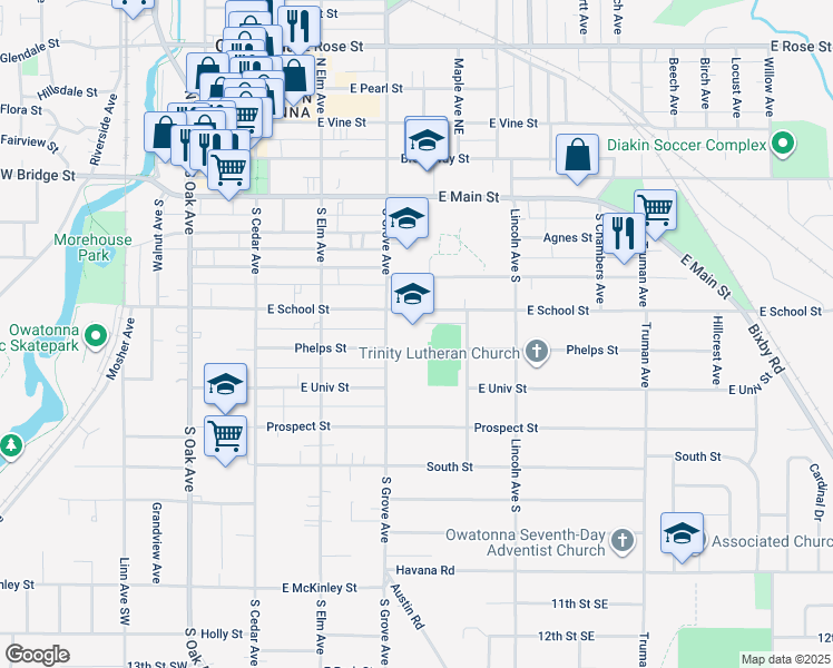 map of restaurants, bars, coffee shops, grocery stores, and more near 333 East School Street in Owatonna