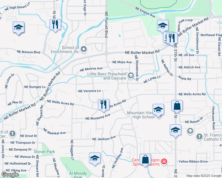 map of restaurants, bars, coffee shops, grocery stores, and more near 2069 Northeast Hollowtree Lane in Bend
