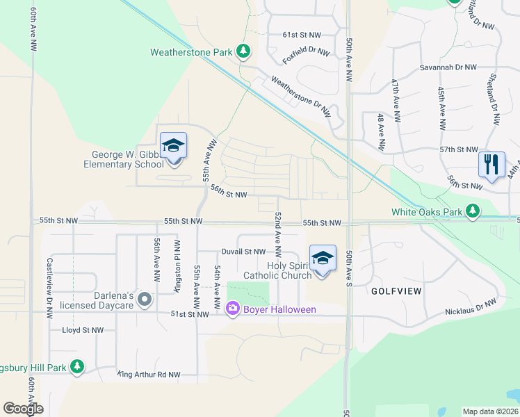map of restaurants, bars, coffee shops, grocery stores, and more near 5243 56th Street Northwest in Rochester