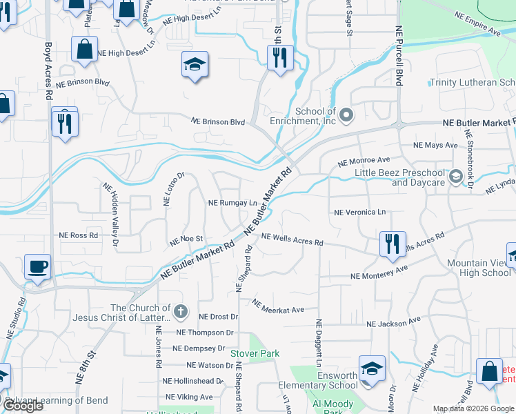 map of restaurants, bars, coffee shops, grocery stores, and more near 1611 Northeast Rumgay Drive in Bend