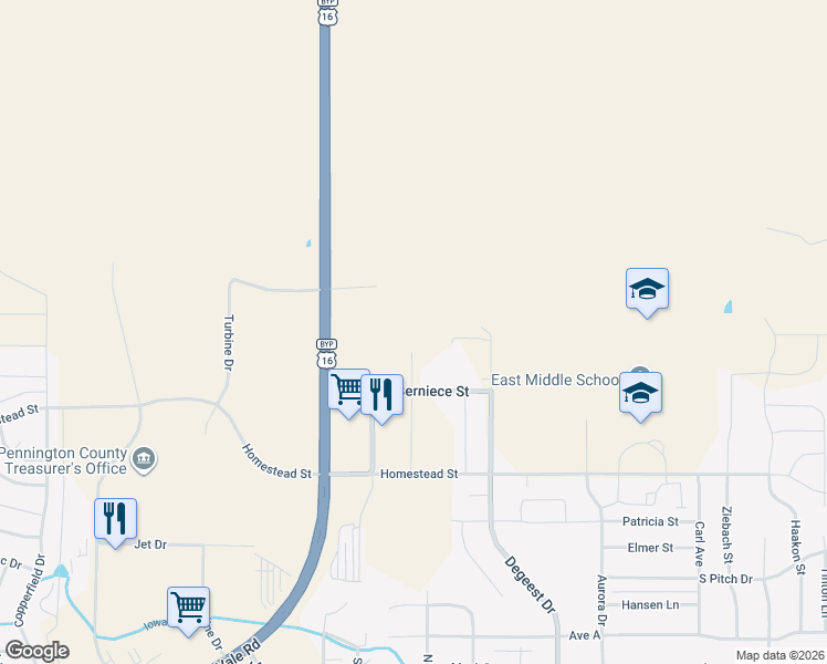 map of restaurants, bars, coffee shops, grocery stores, and more near 620 Neel Street in Rapid City