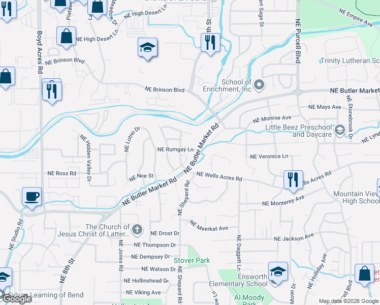 map of restaurants, bars, coffee shops, grocery stores, and more near 1611 Northeast Rumgay Drive in Bend