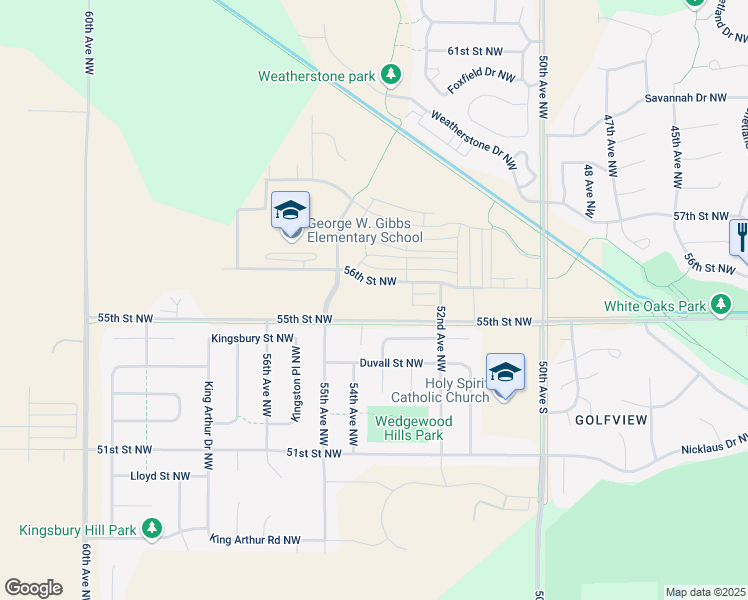 map of restaurants, bars, coffee shops, grocery stores, and more near 5327 56th Avenue Northwest in Rochester