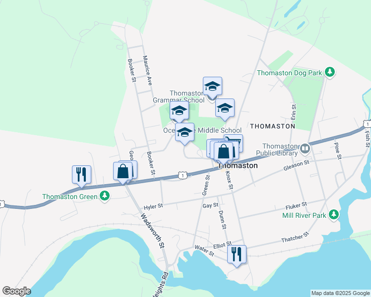 map of restaurants, bars, coffee shops, grocery stores, and more near 13 Valley Street in Thomaston