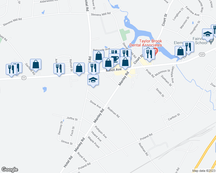 map of restaurants, bars, coffee shops, grocery stores, and more near 87 Manley Road in Auburn