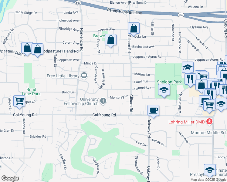 map of restaurants, bars, coffee shops, grocery stores, and more near 1944 Carmel Avenue in Eugene