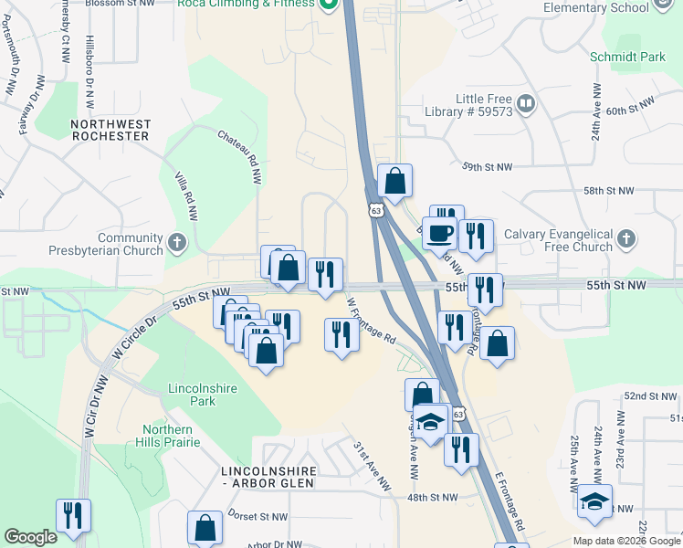 map of restaurants, bars, coffee shops, grocery stores, and more near 5522 Clearwater Road Northwest in Rochester