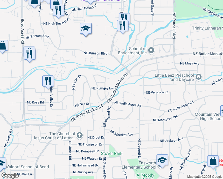 map of restaurants, bars, coffee shops, grocery stores, and more near 1607 Northeast Rumgay Drive in Bend