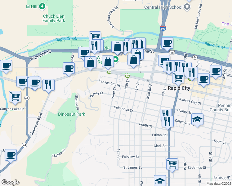 map of restaurants, bars, coffee shops, grocery stores, and more near 705 12th Street in Rapid City