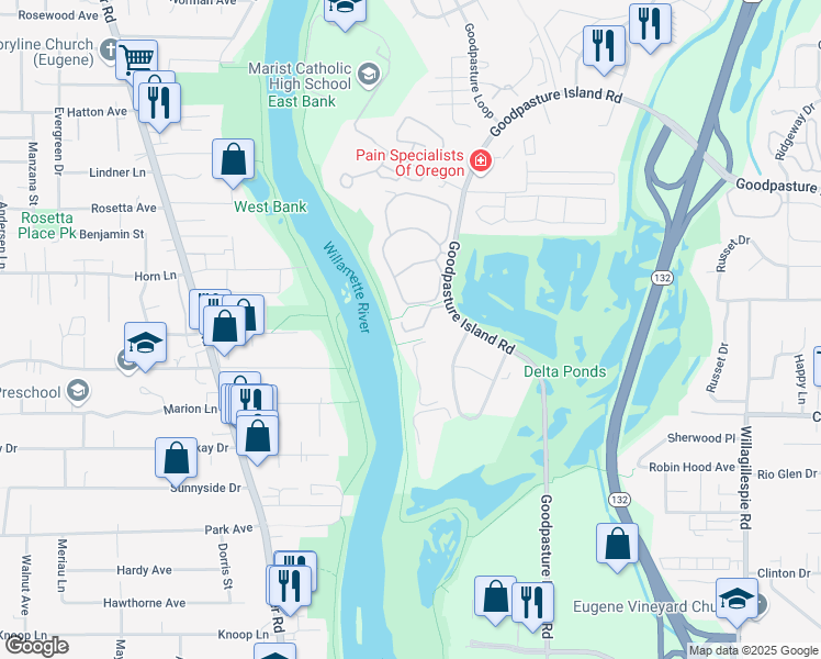 map of restaurants, bars, coffee shops, grocery stores, and more near 599 Wimbledon Court in Eugene