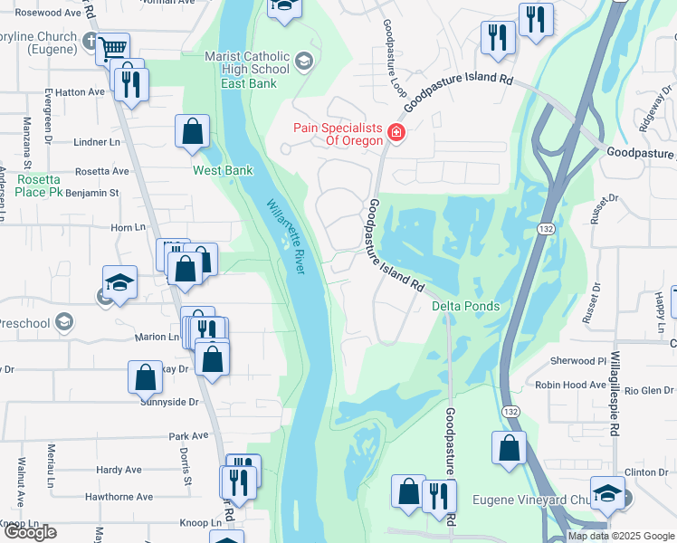 map of restaurants, bars, coffee shops, grocery stores, and more near 594 Wimbledon Court in Eugene