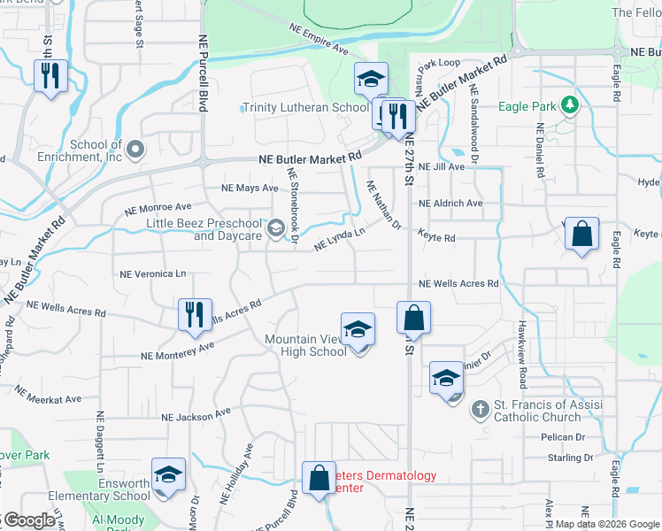 map of restaurants, bars, coffee shops, grocery stores, and more near 2490 Northeast Jenni Jo Court in Bend
