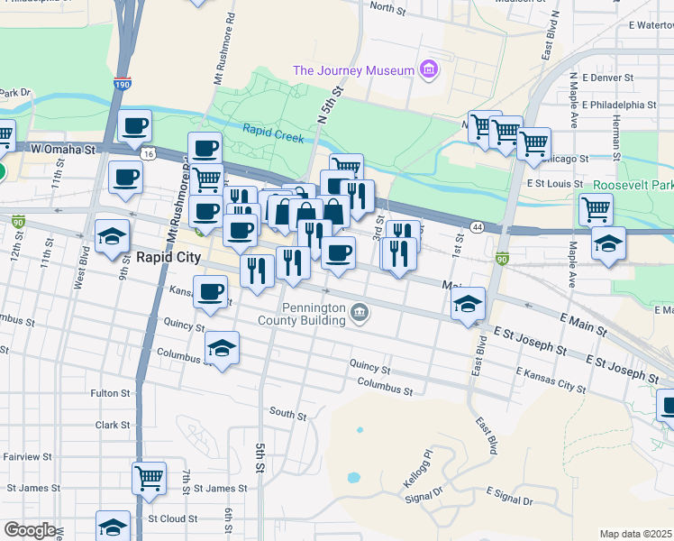map of restaurants, bars, coffee shops, grocery stores, and more near 329 Main Street in Rapid City
