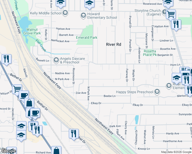 map of restaurants, bars, coffee shops, grocery stores, and more near 1610 Horn Lane in Eugene