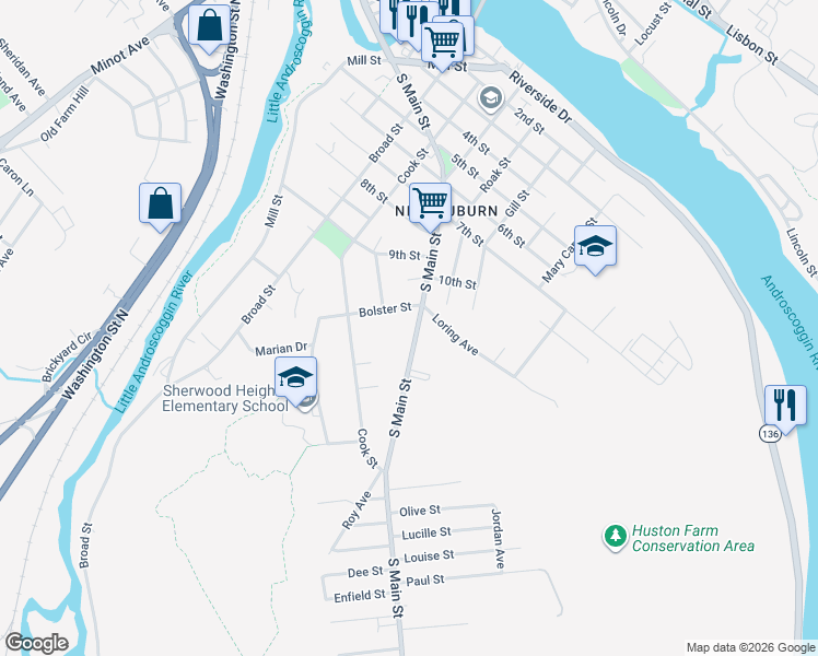 map of restaurants, bars, coffee shops, grocery stores, and more near 149 South Main Street in Auburn