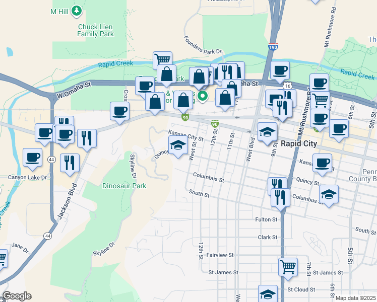 map of restaurants, bars, coffee shops, grocery stores, and more near 1307 Kansas City Street in Rapid City