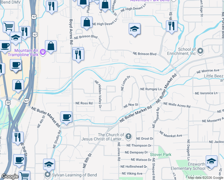 map of restaurants, bars, coffee shops, grocery stores, and more near 1109 Northeast Kayak Loop in Bend
