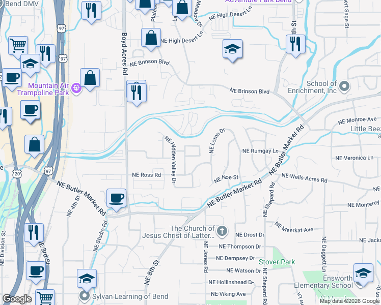 map of restaurants, bars, coffee shops, grocery stores, and more near 1109 Northeast Kayak Loop in Bend