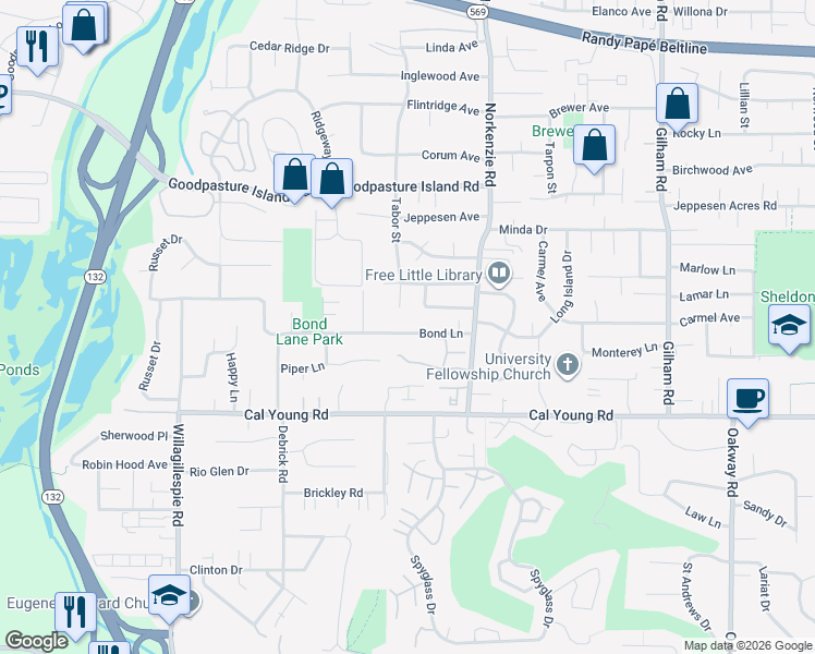 map of restaurants, bars, coffee shops, grocery stores, and more near 1715 Tabor Street in Eugene