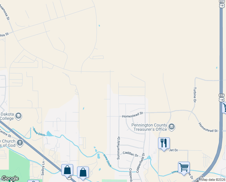 map of restaurants, bars, coffee shops, grocery stores, and more near 1021 Summerfield Drive in Rapid City