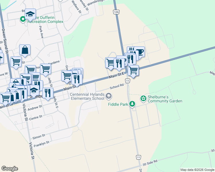 map of restaurants, bars, coffee shops, grocery stores, and more near 18 School Road in Shelburne