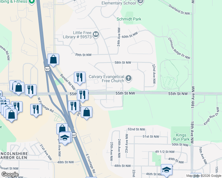map of restaurants, bars, coffee shops, grocery stores, and more near 5508 26th Avenue Northwest in Rochester