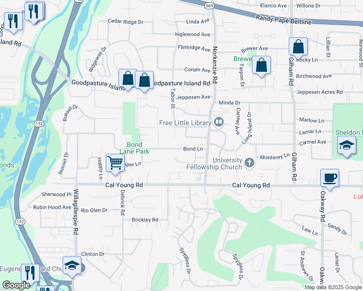 map of restaurants, bars, coffee shops, grocery stores, and more near 1515 Bond Lane in Eugene