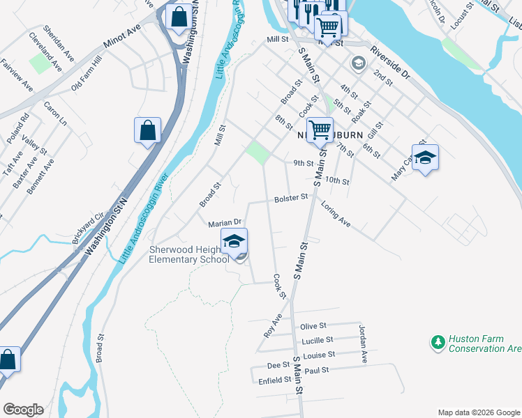 map of restaurants, bars, coffee shops, grocery stores, and more near 50 Bolster Street in Auburn