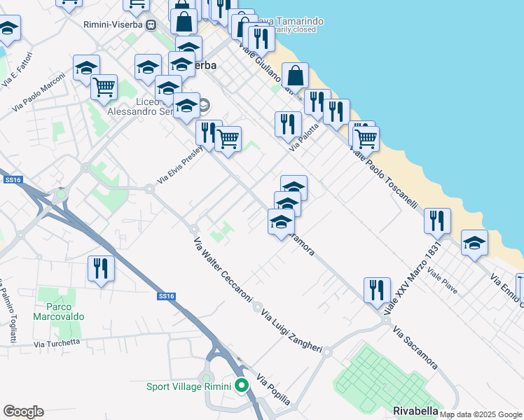 map of restaurants, bars, coffee shops, grocery stores, and more near 75 Via Sacramora in Viserba