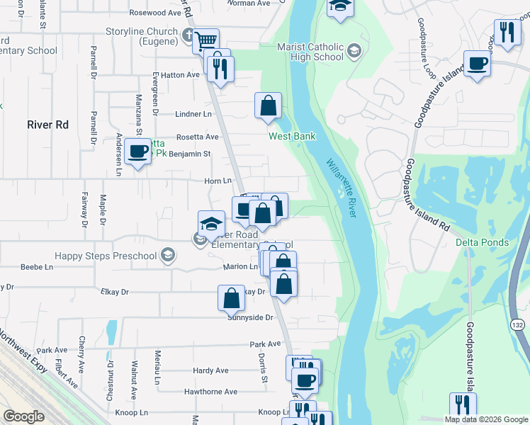 map of restaurants, bars, coffee shops, grocery stores, and more near 93 East Hillcrest Drive in Eugene