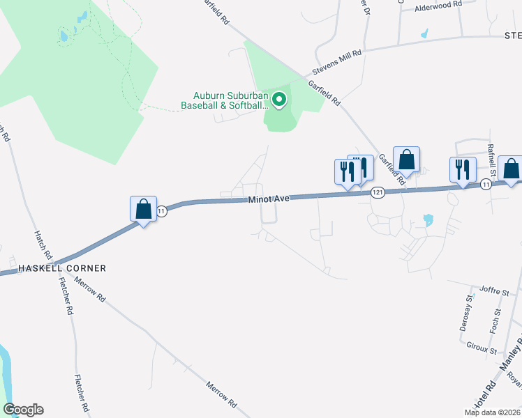 map of restaurants, bars, coffee shops, grocery stores, and more near 1164 Minot Avenue in Auburn