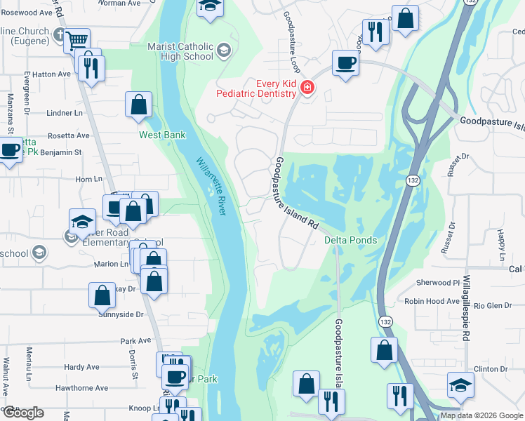 map of restaurants, bars, coffee shops, grocery stores, and more near 660 Wimbledon Court in Eugene