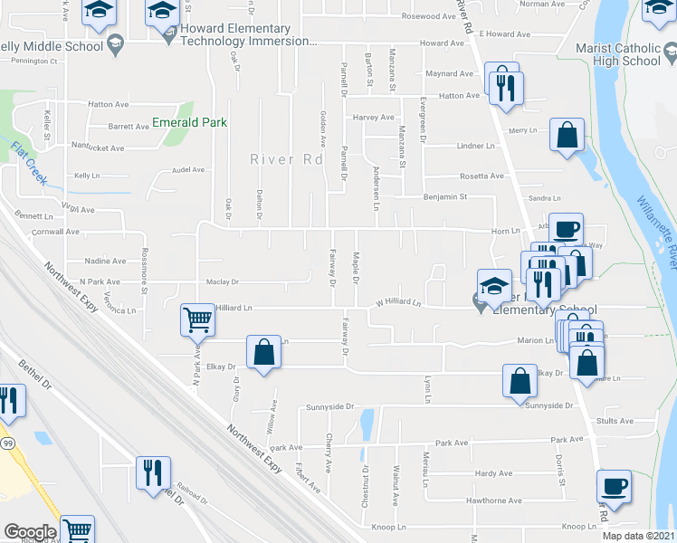 map of restaurants, bars, coffee shops, grocery stores, and more near 1115 Fairway Drive in Eugene