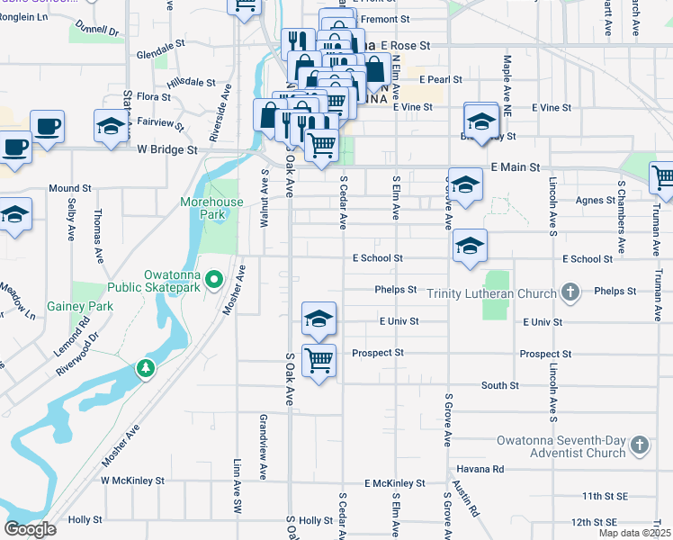 map of restaurants, bars, coffee shops, grocery stores, and more near 512 South Cedar Avenue in Owatonna