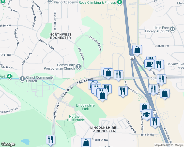 map of restaurants, bars, coffee shops, grocery stores, and more near 3612 Villa Road Northwest in Rochester